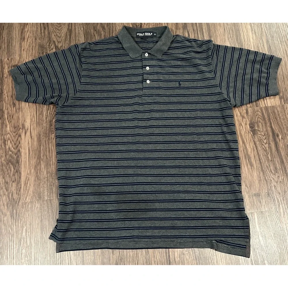 Polo Ralph Lauren Men's XL, Navy & Gray Striped Pique Knit Shirt.